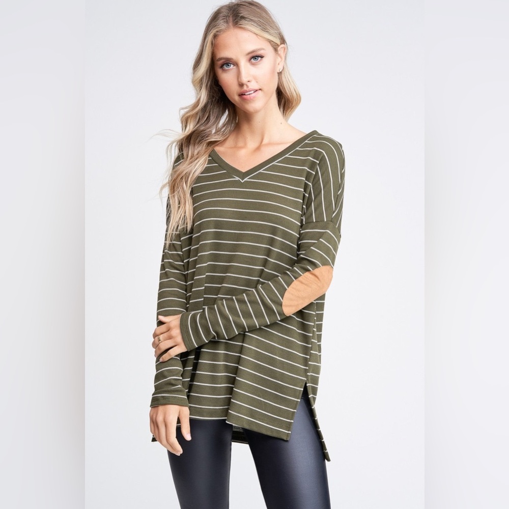 NWT White Birch Striped Waffle Long Sleeve Top With Suede Elbow Patch, Olive - Picture 3 of 6